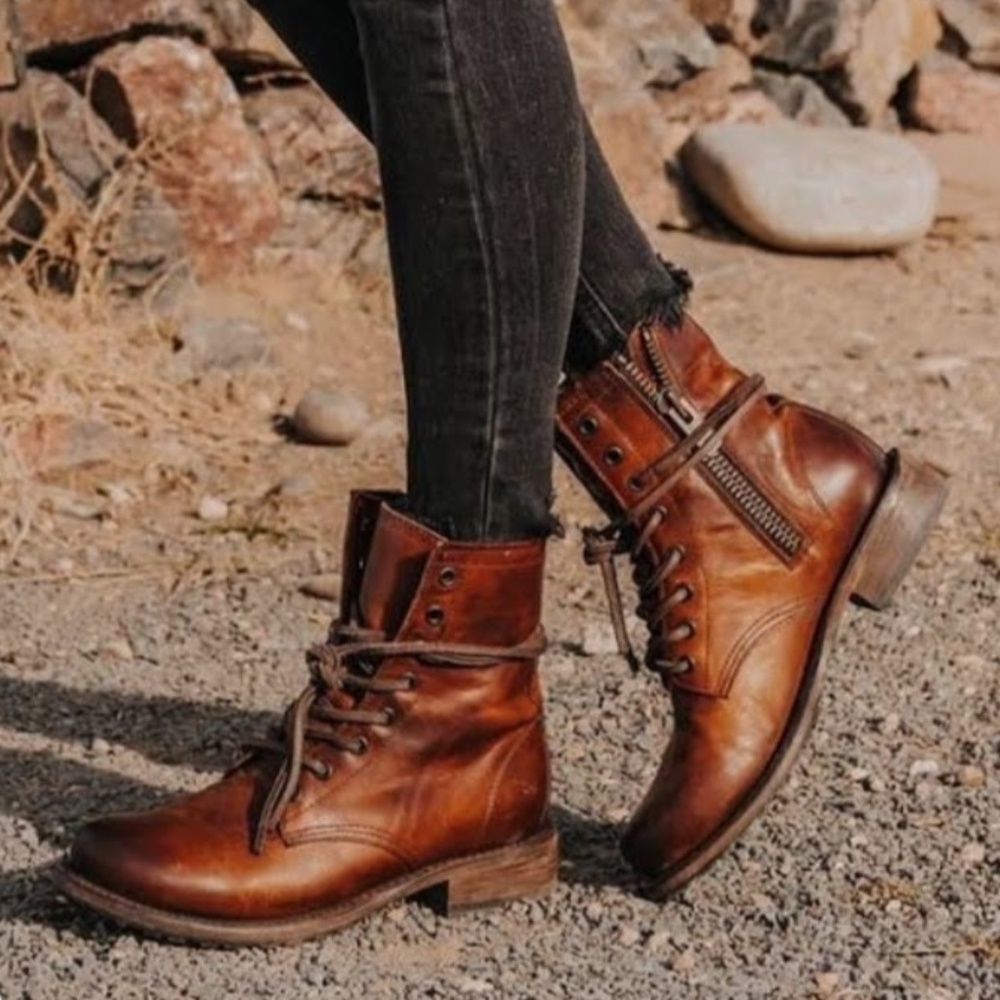 Freebird Manchester Lace Up Combat Boots Cognac Brown Distressed Leather Size 8